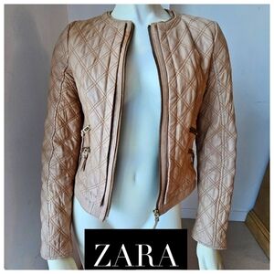 Zara 100% Lambskin Leather Jacket Small Tan Quilted Lined Zip Closure Coat Blous